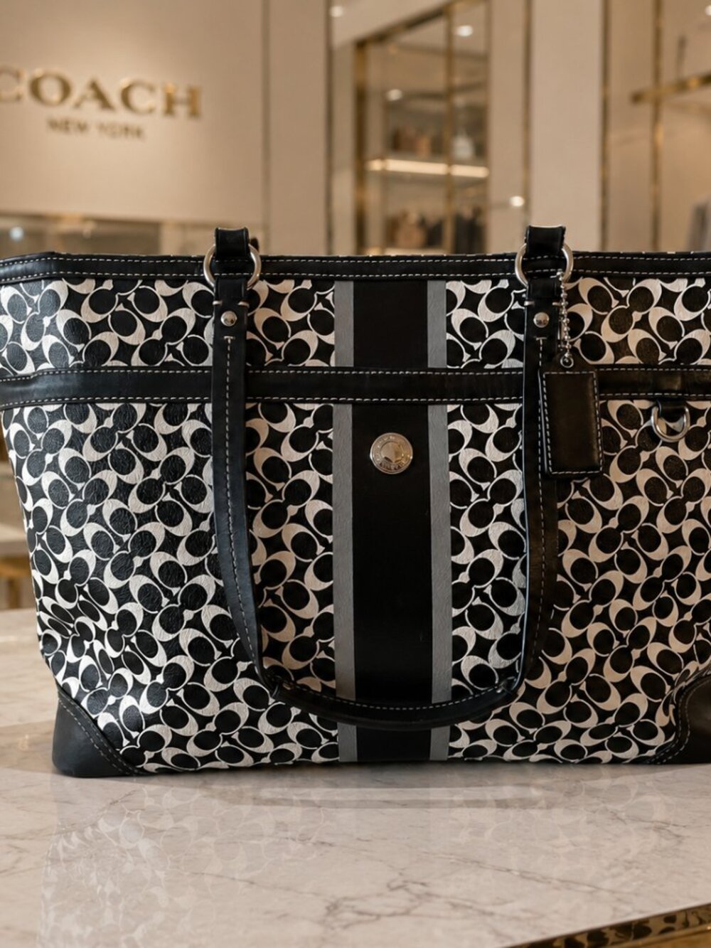 Coach Chelsea Heritage Stripe Signature Tote in Black and White